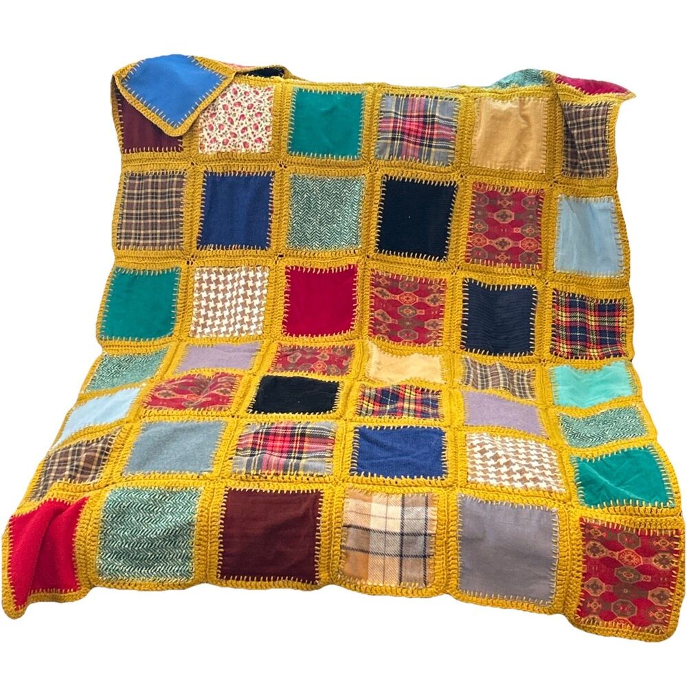 Vintage Handmade Patchwork Crochet‎ Blanket Throw Afghan Multi Color Square Knit